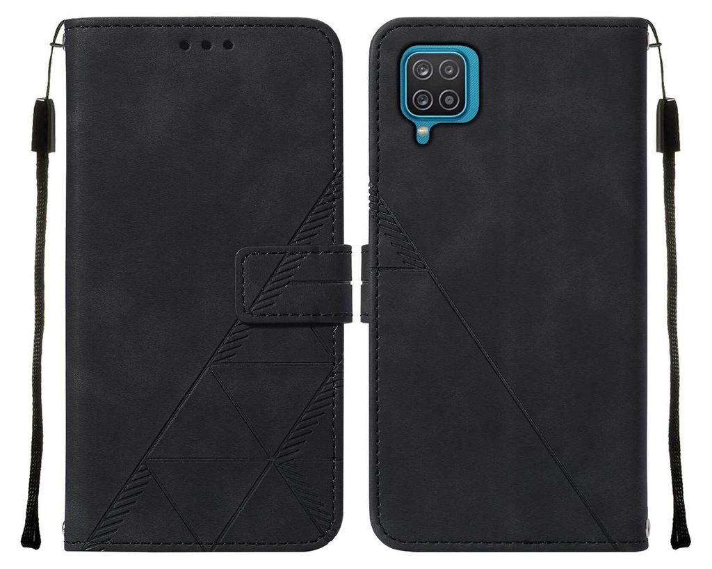 Galaxy A12 Hülle, Schlank Prägung Flip Leder Kartenfächer Schutzhülle mit Ständer für Samsung Galaxy A12 Schwarz