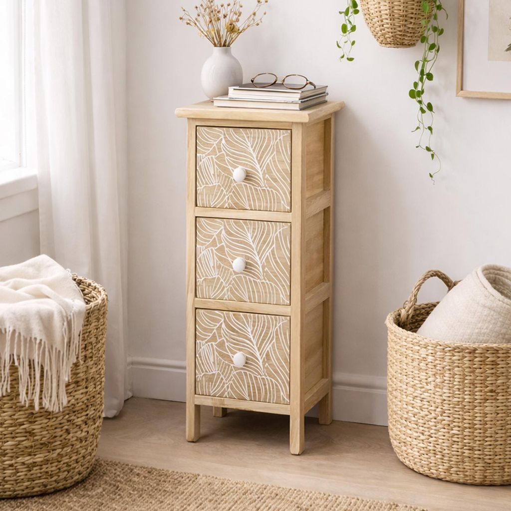 Kommode Melia schmal 3 Schubladen Blätter-Design Artisaneiche-Weiß