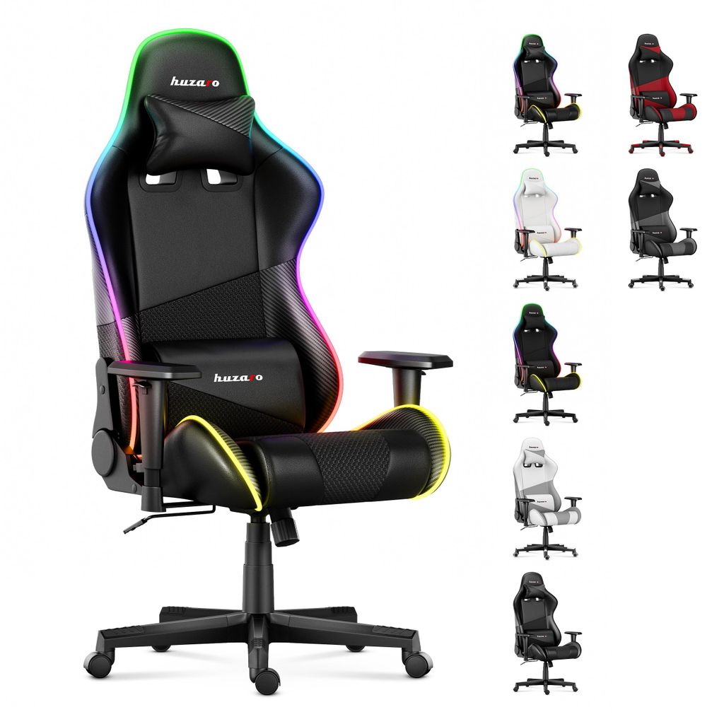 A gaming chair with RGB lighting is shown, along with several other color variations of the same chair.