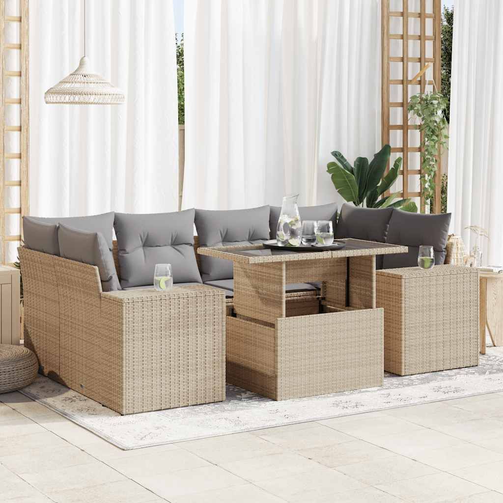 "2026 Promotion" 7-tlg. Garten-Sofagarnitur/Terrassenmöbel - mit Kissen - Beige Poly Rattan - Gartenmöbelset CC18191