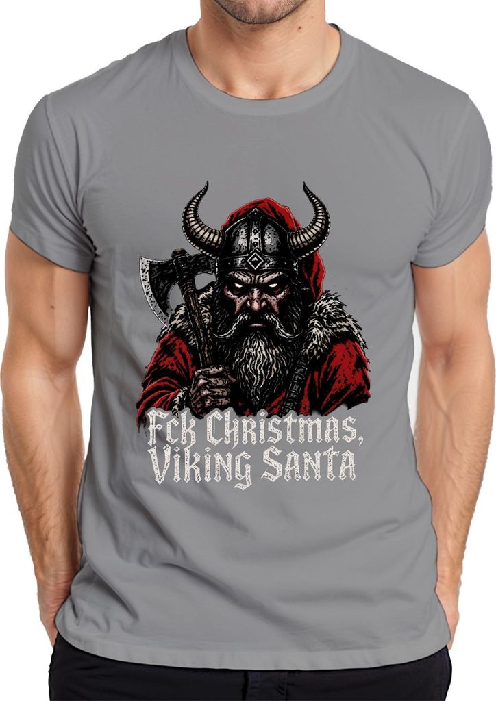 Viking Santa Fck Christmas Wikinger Axt Bart düster Geschenk Herren T-Shirt, Grau, XXL