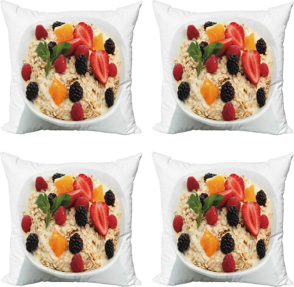 ABAKUHAUS Haferflocken Kissenbezug Set (4 Stück), Frische Früchte und Porridge, Moderner Doppelseitiger Digitaldruck, 45 cm x 45 cm, Mehrfarbig