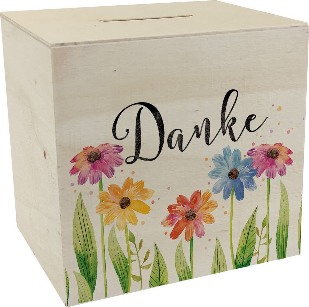 Blumen Spardose aus Holz mit Spruch Danke Produktbild 