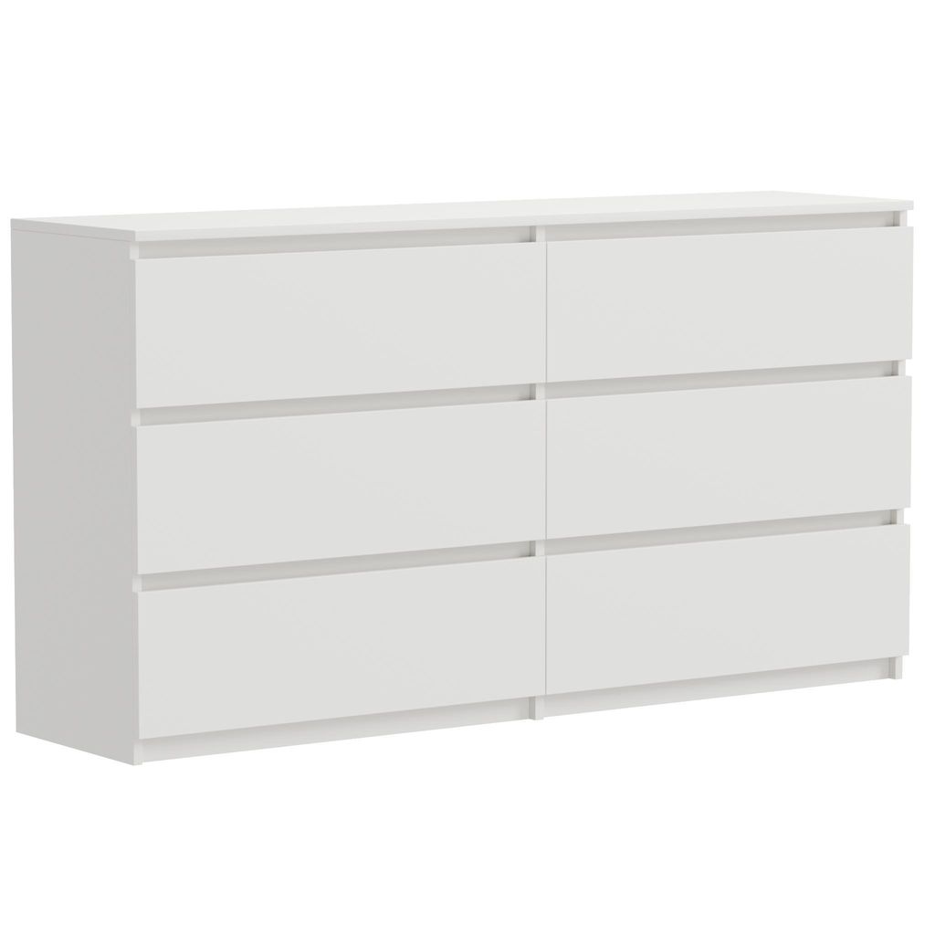 A white dresser with six drawers against a white background.