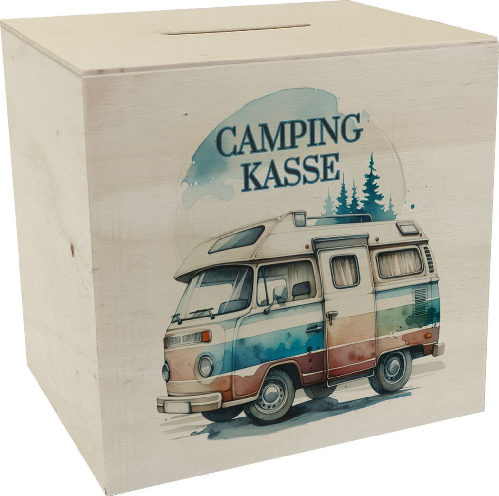 Campingwagen Spardose aus Holz mit Spruch Campingkasse