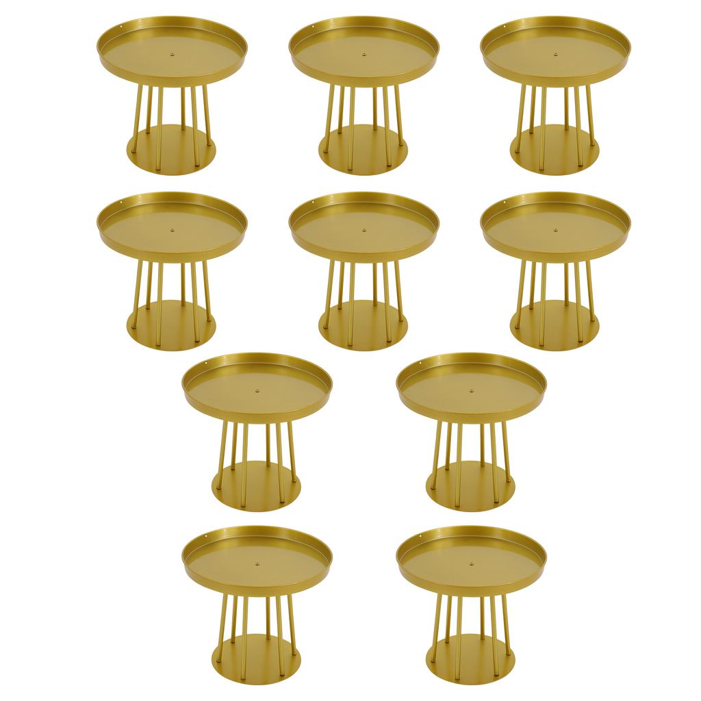 A collection of ten gold-colored cake stands arranged in rows against a white background.