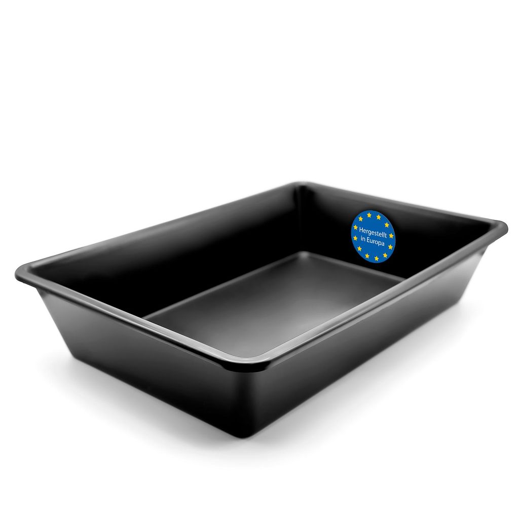 A black plastic tray is shown from a diagonal angle against a white background.
