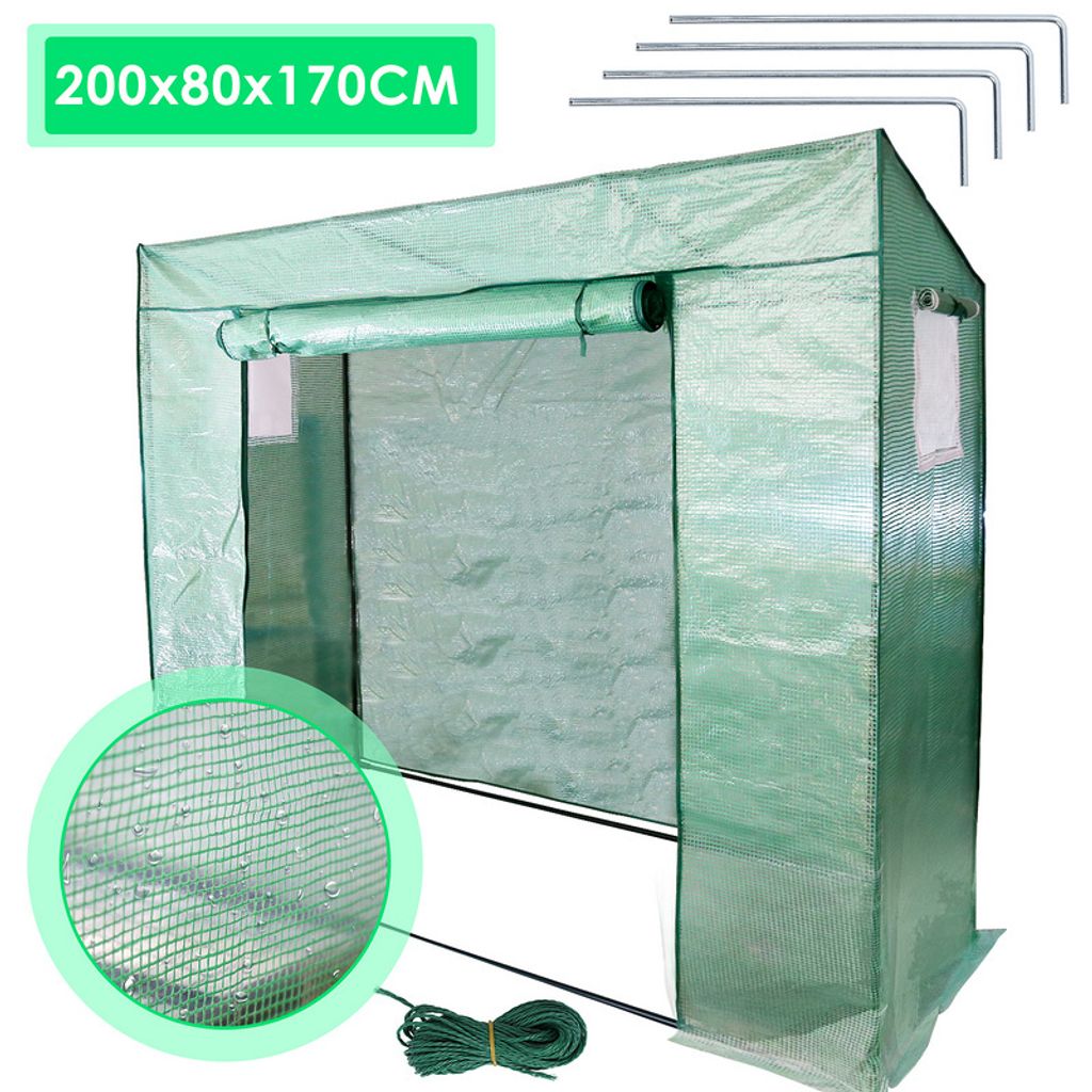 Foliengewächshaus Gewächshaus für Tomaten 200 x 80 x 170cm (LxBxH) , mit Gitternetzfolie und Fernster für Garten zur Aufzucht, Schrägdach, Grün