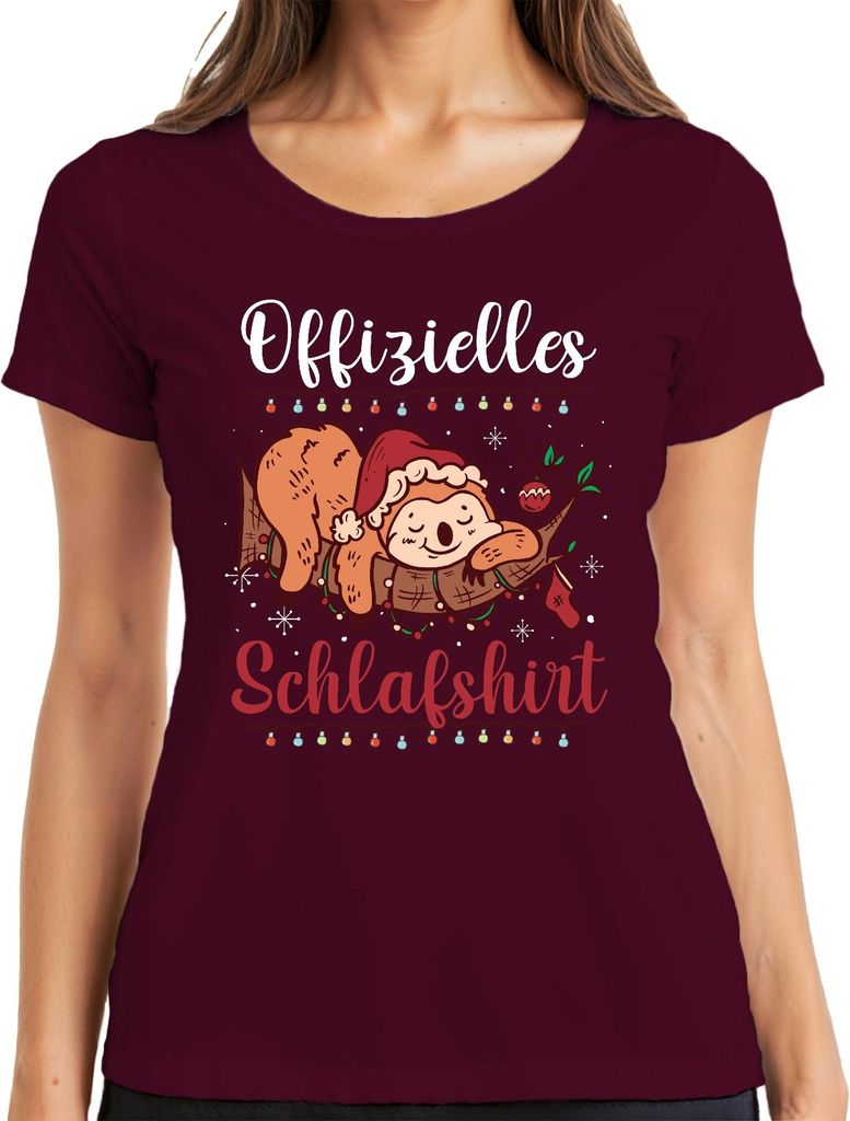 Offizielles Schlafshirt Faultier Weihnachten - Weihnachtsgeschenk Christmas Damen T-Shirt, Burgundy, M