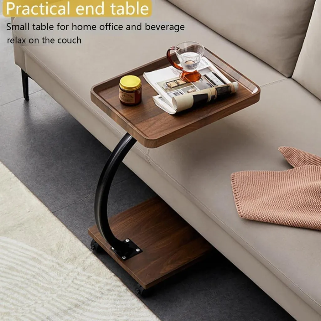 Table d'appoint mobile rectangulaire en noyer avec double rangement