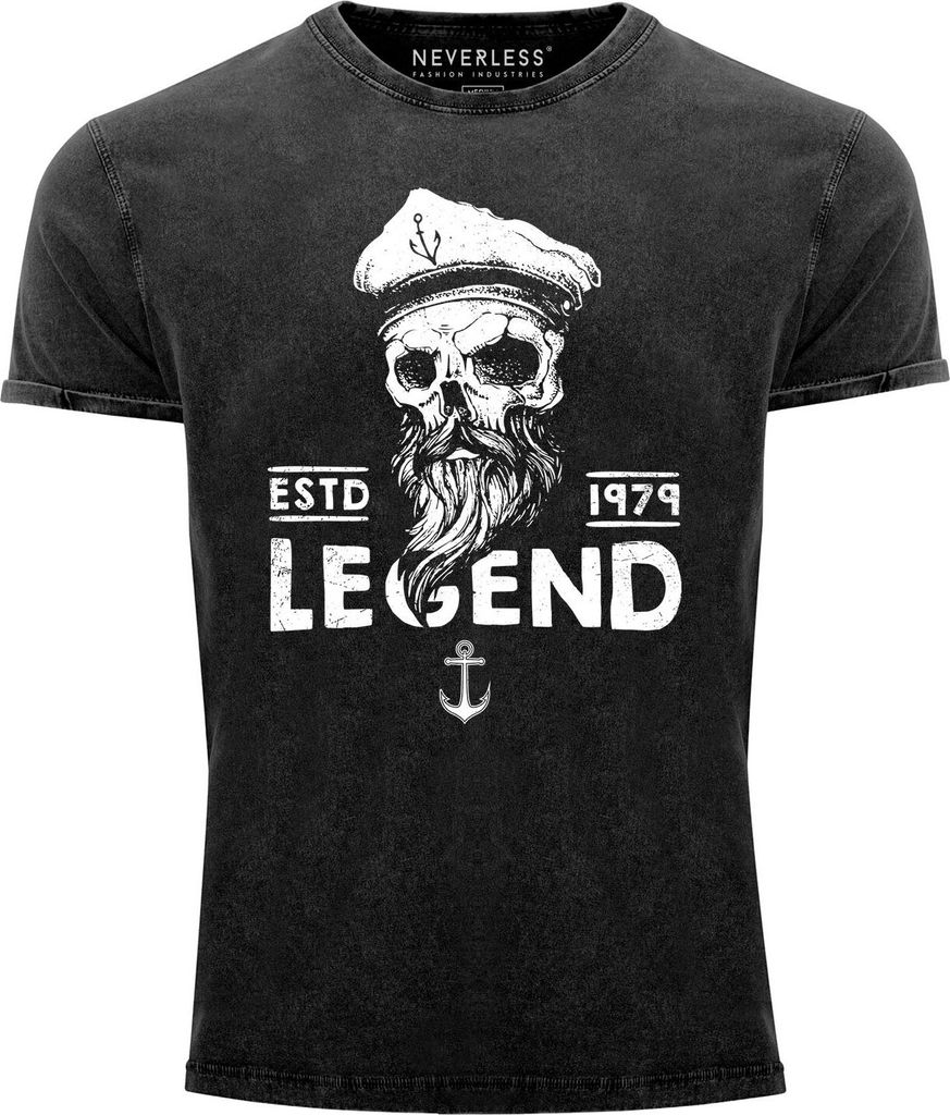 Cooles Angesagtes Herren T-Shirt Vintage Shirt Totenkopf Legend Captain Aufdruck Used Look Slim Fit Neverless schwarz XL