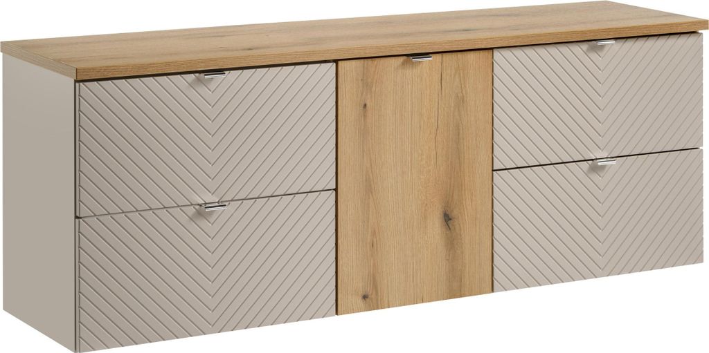 FURNLUX Waschtischunterschrank Viva Beige Und Eiche Und Silber 160cm / Hauptfarbe: Beige / Abmessungen: 160 x 59 x 40 cm