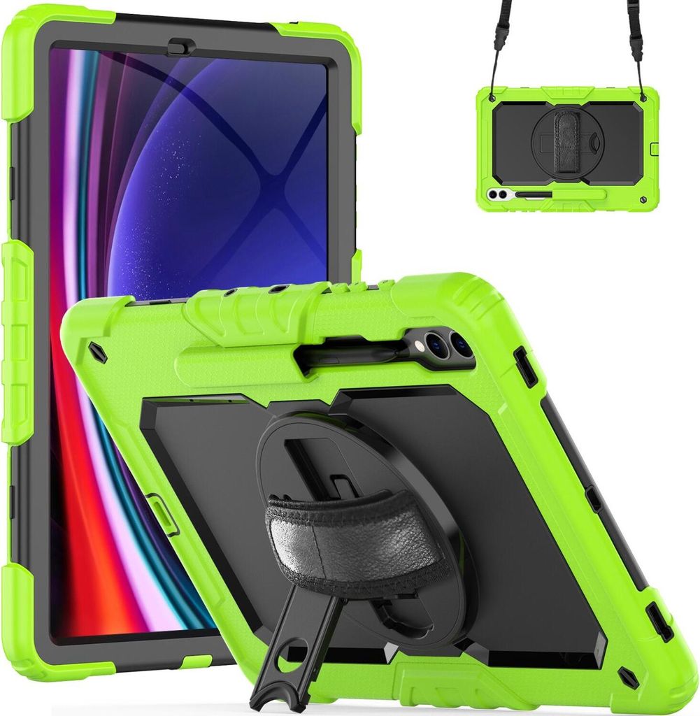 Mobigear SureGrip Xtreme Samsung Galaxy Tab S9 FE Plus Hülle Kunststoff,Silikon Backcover + Stifthalter + Schulterträger + Ständer - Grün
