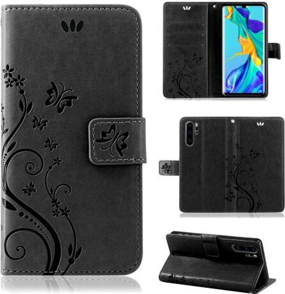 Handytasche für Huawei P30 Pro Blumen Flip Cover Buchhülle mit Magnetverschluss, Schwarz