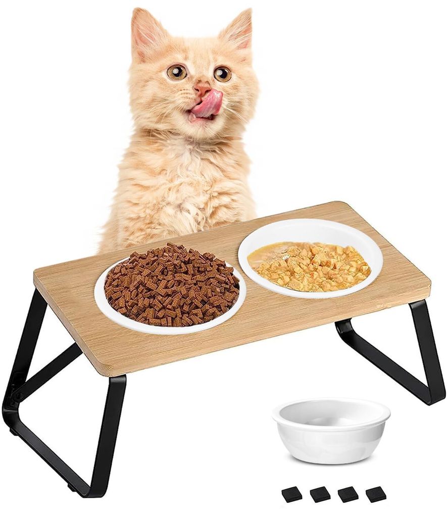 Erhöhter Katzennapfständer, Katzennäpfe auf Holzständer, Produktbild 