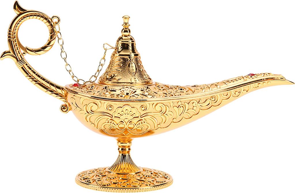 Goldene Metall geschnitzte hohle Legendenlampe Aladdin Magic Genie Light Wishing Pot Decor