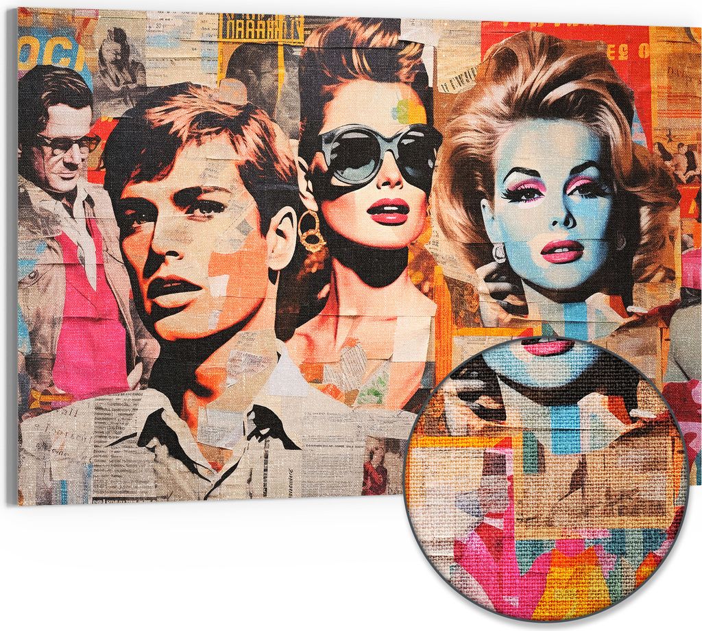 DEQORI Hybrid Leinwand Bild 90x60 cm 'Ikonen Collage' Wandbild Glas flach modern