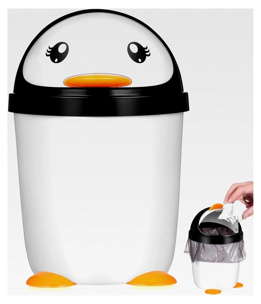 Mülleimer Pinguin mit Schwingdeckel aus Kunststoff für Schlafzimmer, Büro, Auto, Badezimmer und Kinderzimmer