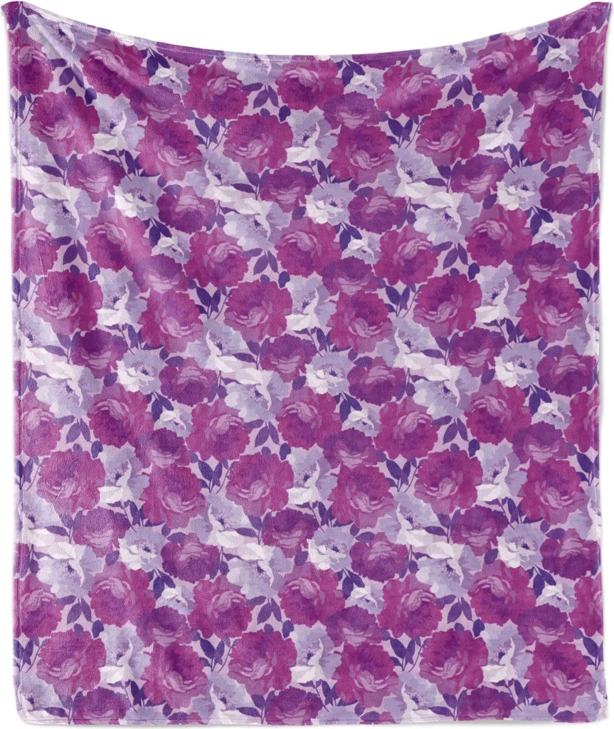 ABAKUHAUS Coperta in morbida flanella di pile con motivi floreali, bouquet di rose, rinascita primaverile, tema romantico, 175 x 230 cm, fucsia e viola quarzo