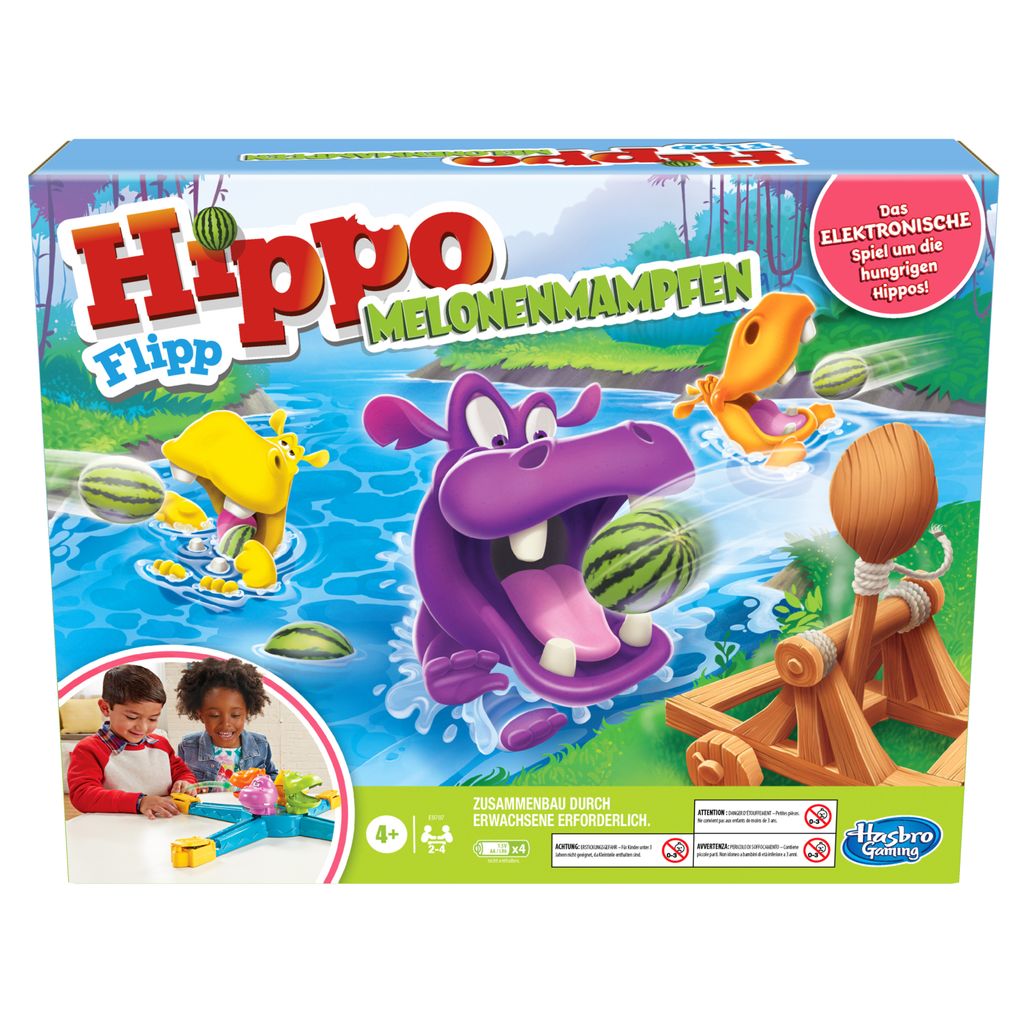 The image shows the packaging for a board game called "Hippo Flipp Melonenmampfen". The game features cartoon hippos and watermelons, with a catapult in the background. Two children are shown playing the game in a circular inset image.