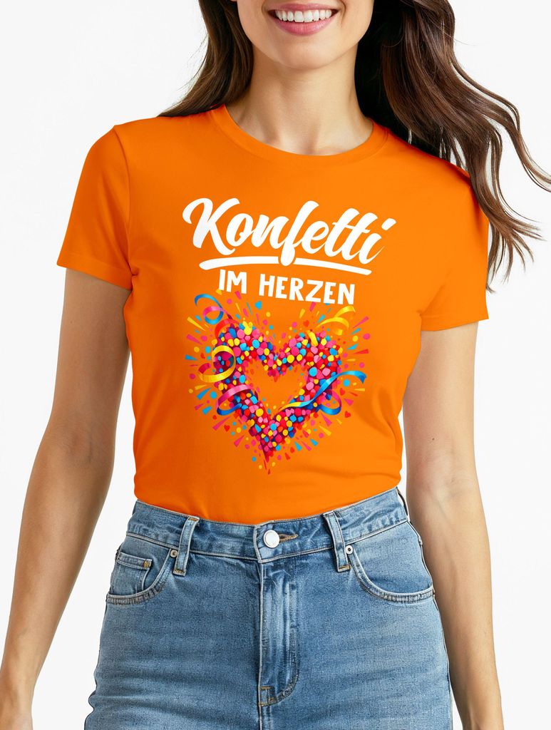 Damen T-Shirt - Spruch Konfetti im Herzen - Fasching Karneval Ersatz Verkleidung Last Minute Kostüm Funshirt Moonworks