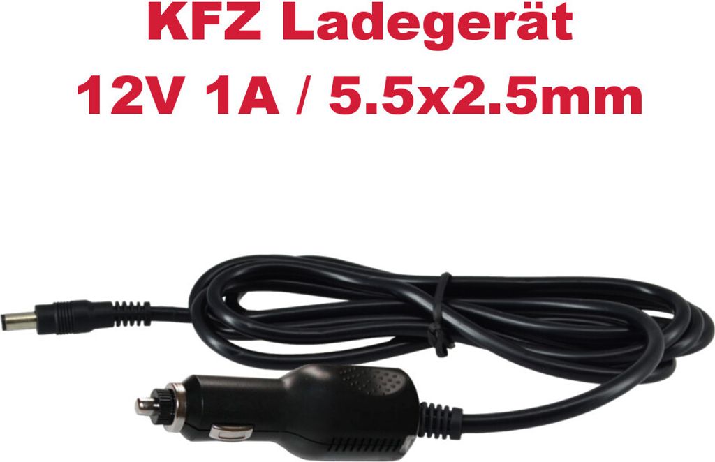 Hochwertiges Universal KFZ Auto Ladekabel Netzteil Ladegerät Adapter 12V 1A mit 5.5x2.5mm Hohlstecker / Rundstecker Zigarettenanzünder-Adapter