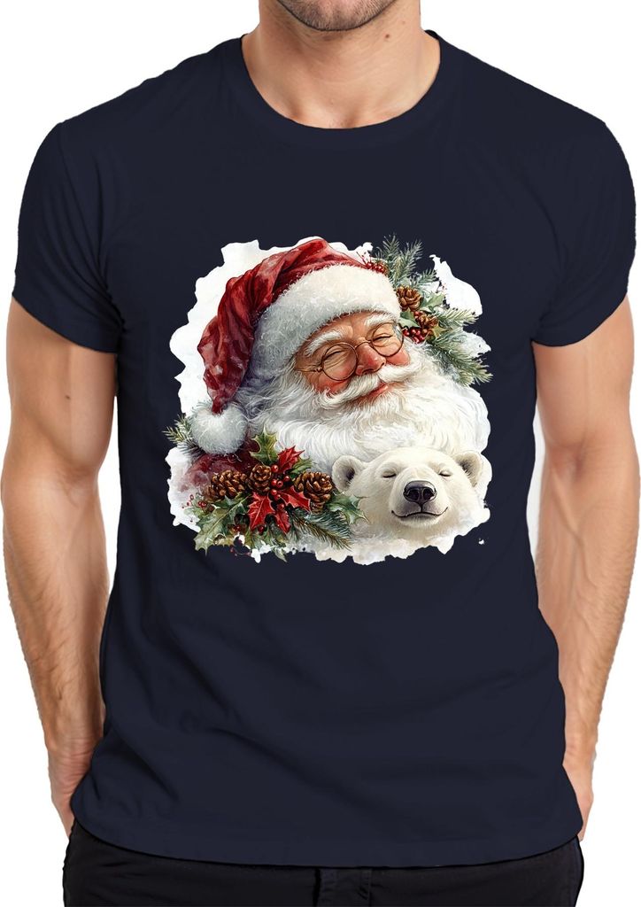 Weihnachtsmann Eisbär Tannenzapfen Stechpalme Weihnachten Vintage Herren T-Shirt, Navy, L