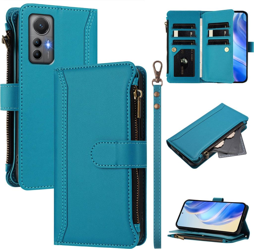 Handyhülle für Xiaomi 12 Lite Reißverschluss Geldbörse Kunstleder Klapphülle mit Kartensteckplatz, Ständer, Handschlaufe Blau
