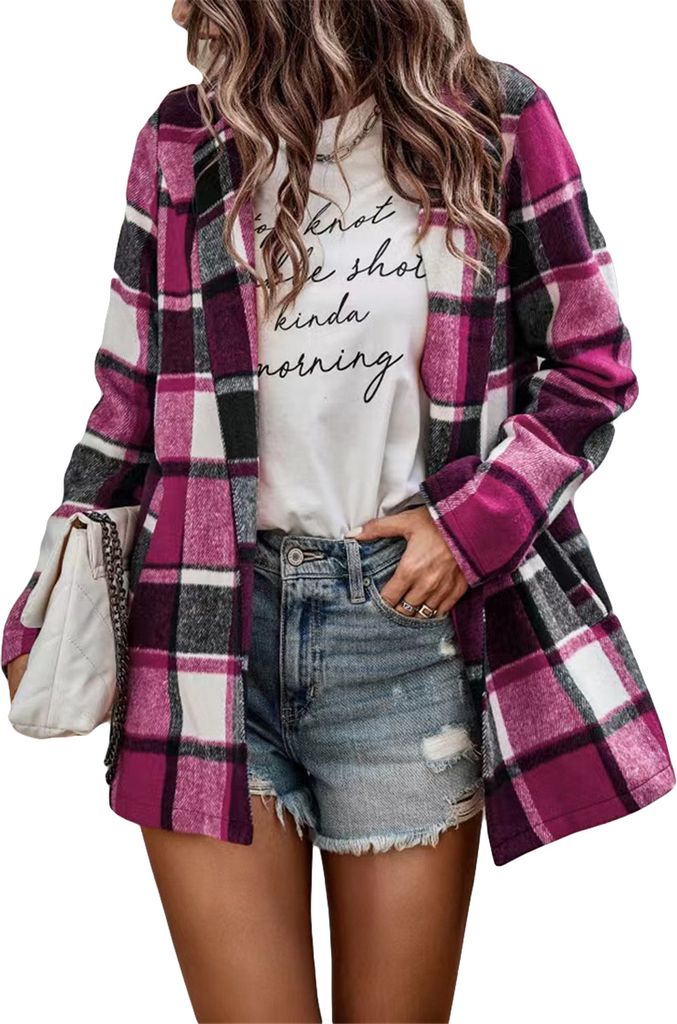 ASKSA Damen Hemdjacke Kariert Flanell Warme Bluse mit Taschen Hemd Jacke Freizeithemd, Rosa, S