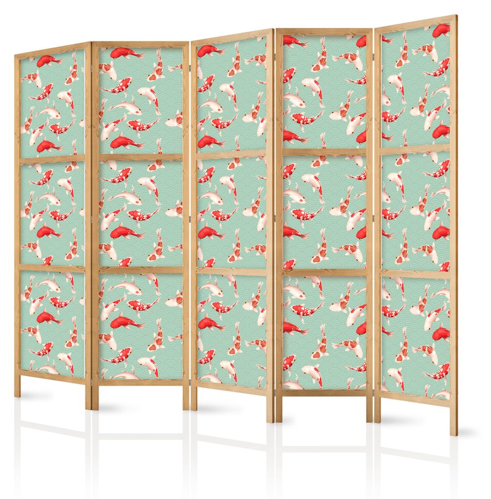Muralo Japanischer PARAVENT 5-teilig Raumteiler klappbar PREMIUM-Vliesleinwand KOI-FISCHE für Büro 225cmx172cm