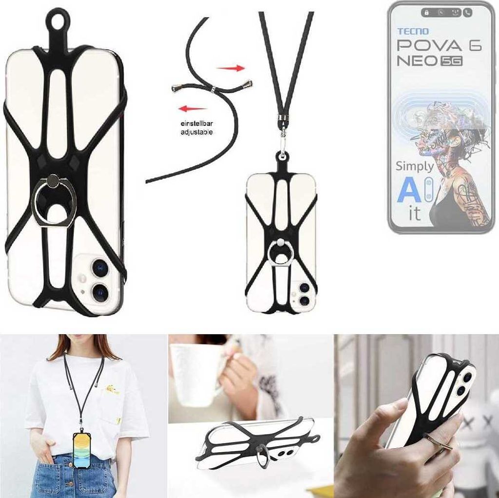 K-S-Trade 3in1 Handykette Handyband Handykordel Halsband Smartphone-Ring Handy-Ring kompatibel mit Tecno Pova 6 Neo 5G Fingerhalterung Handyring