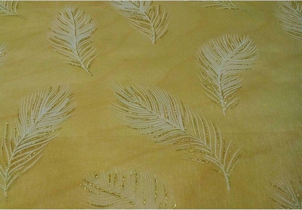 Organzaband mit Druck FEDERN weiß gold B. 36cm 5m Rolle (1m=1,79 EUR) Halbach WA