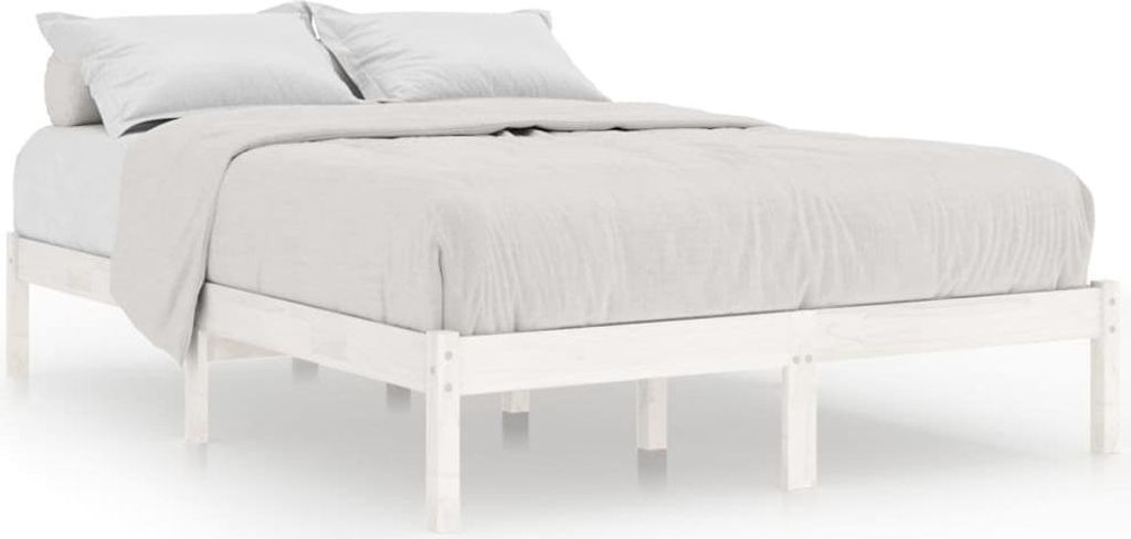 A white wooden bed frame with white bedding and pillows.