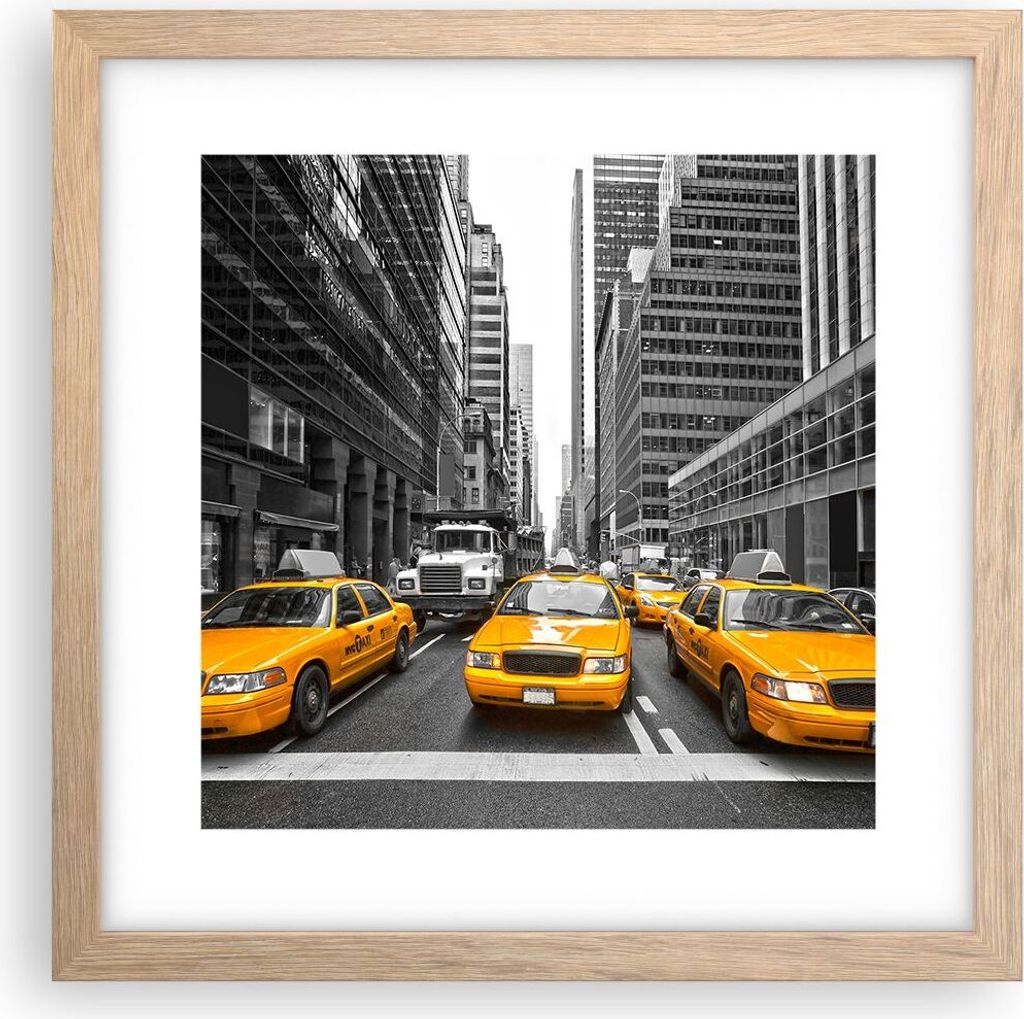 Gerahmtes Poster - Rahmen in heller Eiche - Taxi Stadt Straße Transport - 30x30 cm - Wand Bild - Wanddeko - Wandbilder - Wandposter - Bilderrahmen...