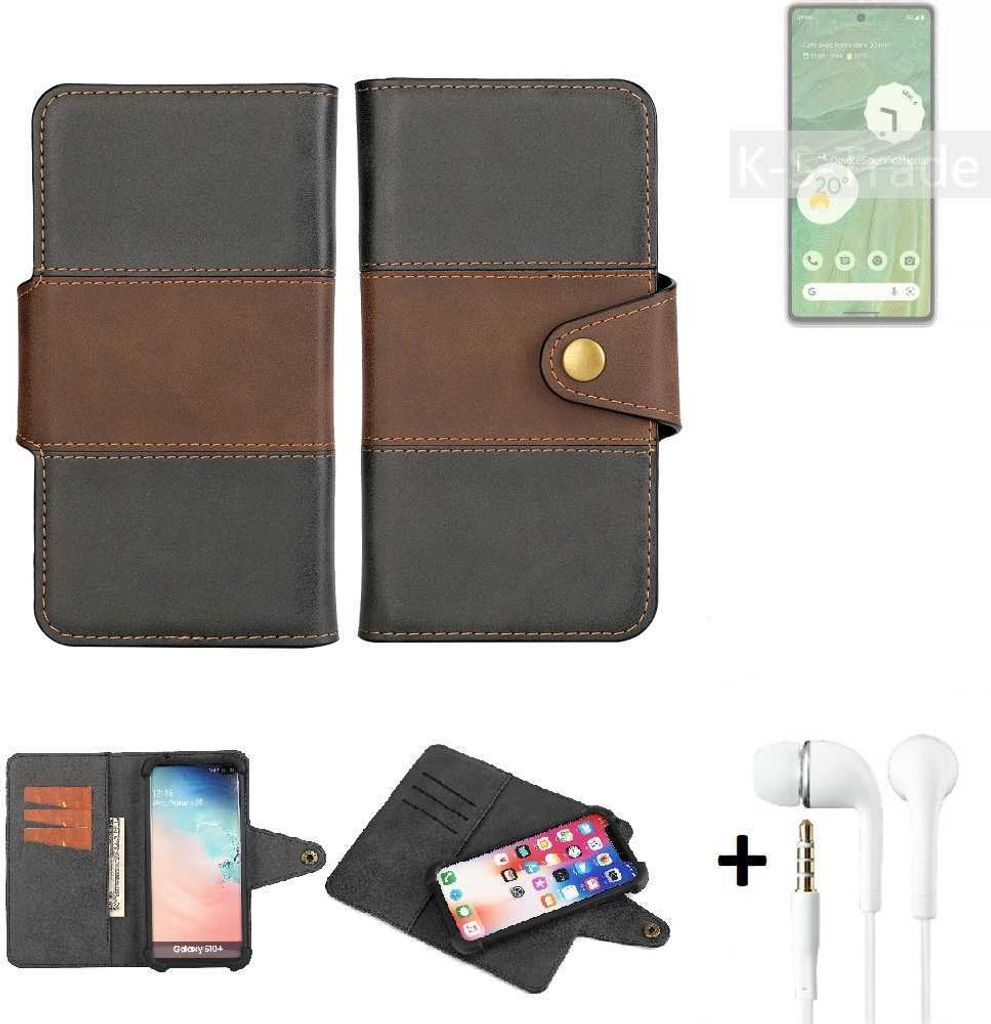 K-S-Trade Handyhülle Schutzhülle Bookstyle Wallet-Case kompatibel mit Google Pixel 7 + earphones Bumper rundumschutz schwarz-braun 1x