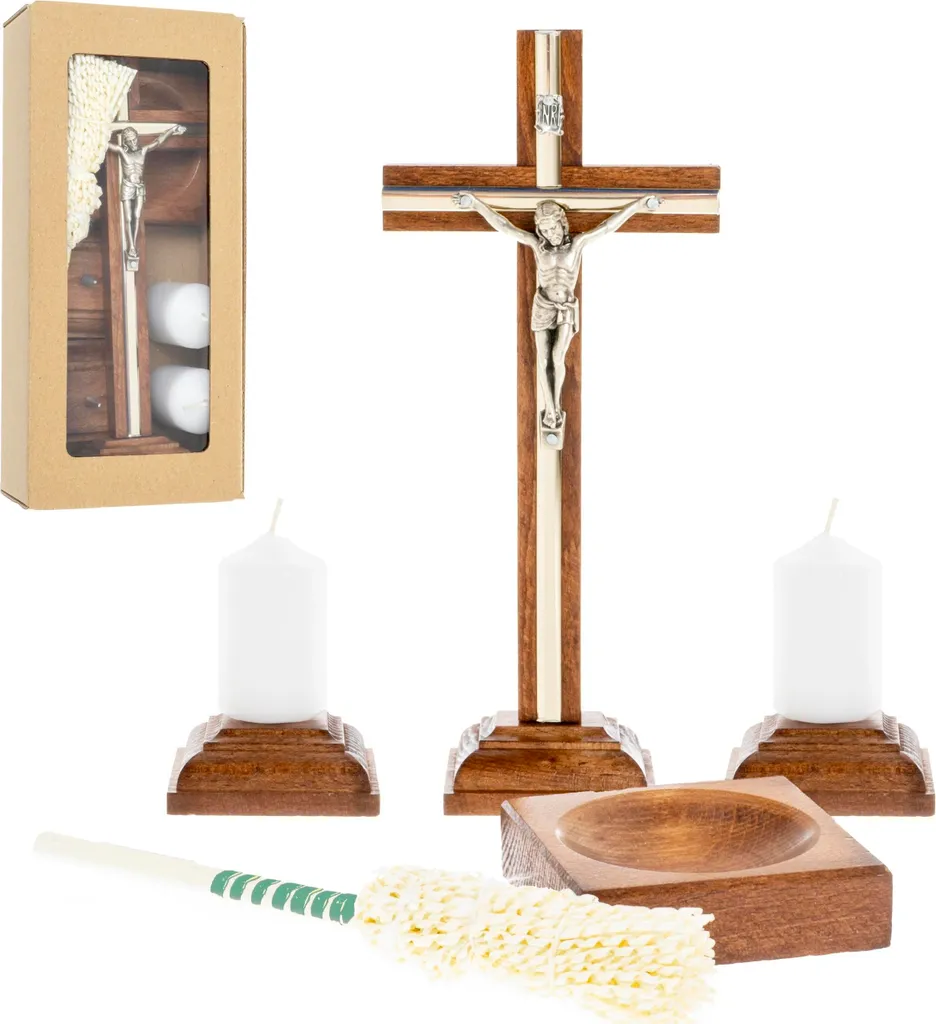 Bénitier de Noël en bois pour bénédiction de maison avec son goupillon