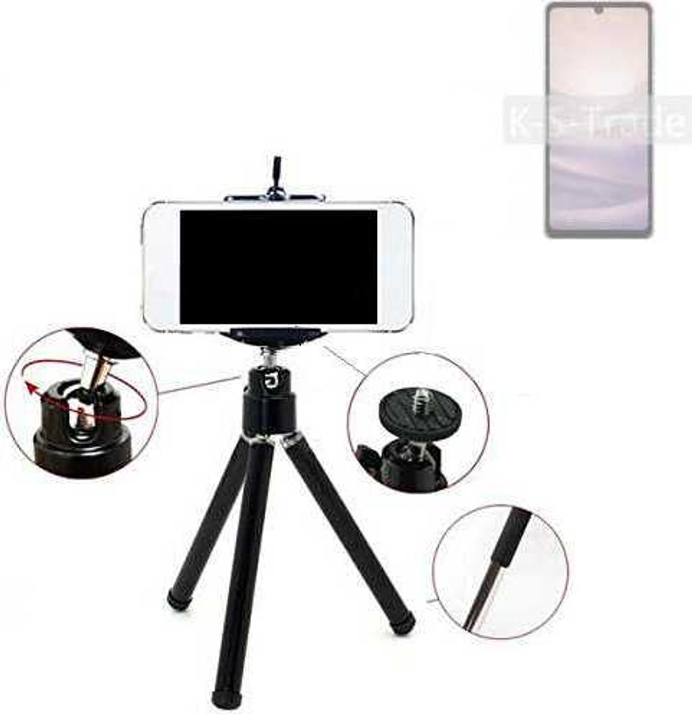 K-S-Trade Smartphone Stativ Dreibein kompatibel mit Sharp Aquos Sense7 Tripod aus Aluminium Klemmstativ Stativ Adapter für Mobiltelefone schwarz 1x