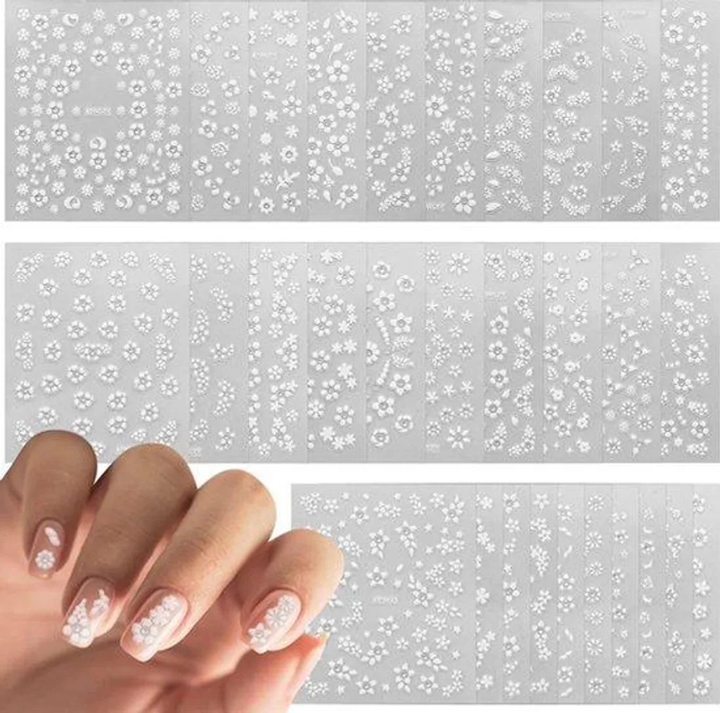 Décoration Ongles Fleurs Rapide - Stickers Autocollants Blancs 30 Unités