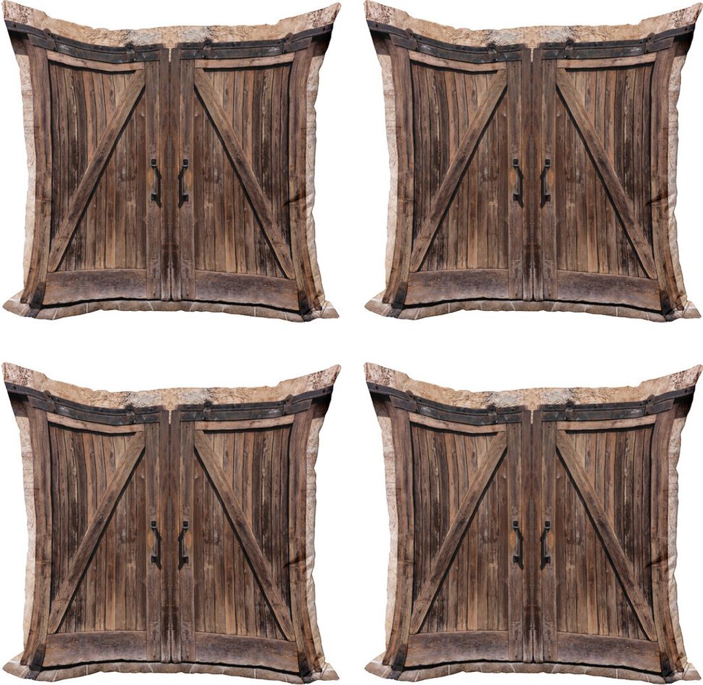 ABAKUHAUS Rustikal Kissenbezug Set (4 Stück), Hölzerne Stall-Tür Bild, Moderner Doppelseitiger Digitaldruck, 40 cm x 40 cm, Beige