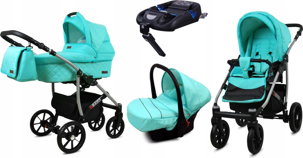 BabyLux Qbaro | 4in1 Kinderwagen Set | Mint | Kombikinderwagen | Kinderwagenset | Isofix-Basiss