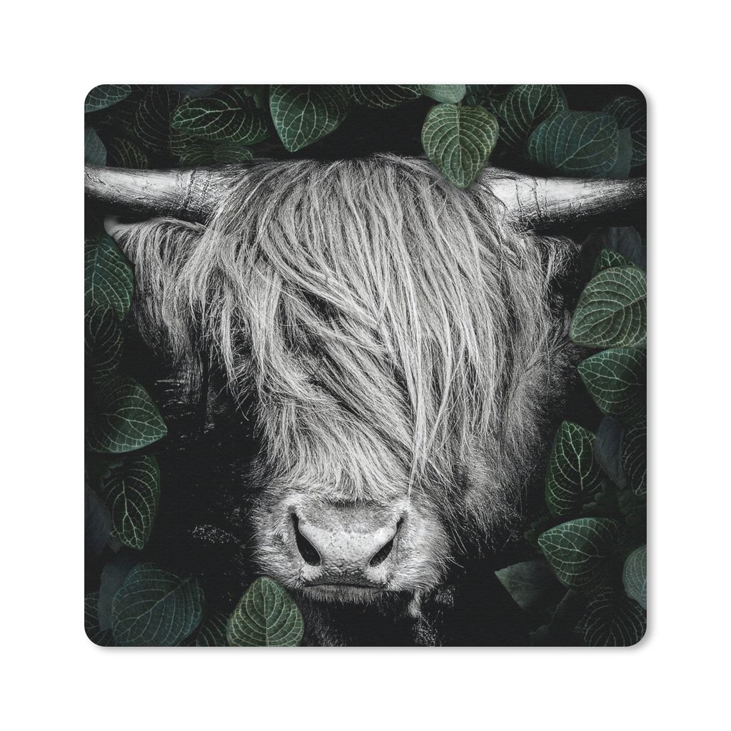 MuchoWow Mauspad Mousepad Scottish Highlander - Blätter - Schwarz - Weiß 20x20 cm - Mousepads - Maus Mat - Pad - Mausunterlage - Desk Mat - Bur...