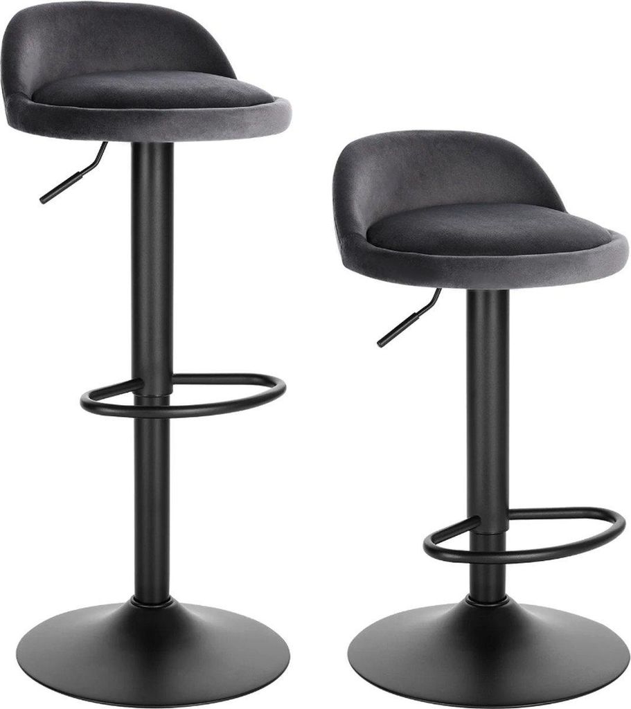 Barhocker 2er set – Grau – Samt – Höhenverstellbar 61-82cm – Ergonomisch – Mit Rückenlehne – Metallgestell