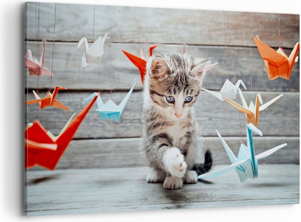 Bild auf Leinwand - Leinwandbild - Katze spaß origami - 100x70cm - Wand Bild - Wanddeko - Leinwanddruck - Bilder - Kunstdruck - Wanddekoration - L...
