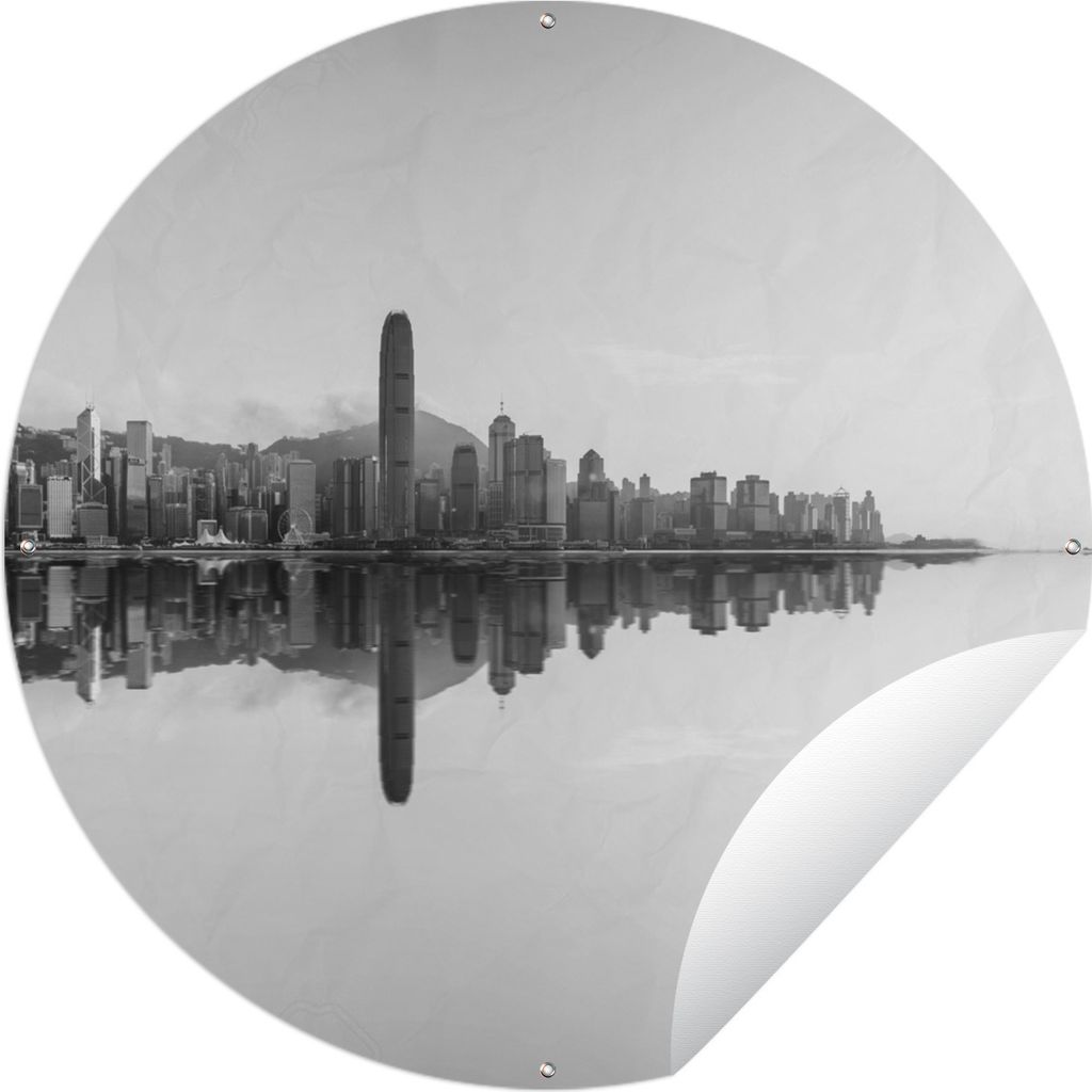 MuchoWow Gartenposter Outdoor-Poster Rund Hongkong - Meer - Schwarz - Weiß Ø 150 cm Gartendeko Rundes Poster draußen