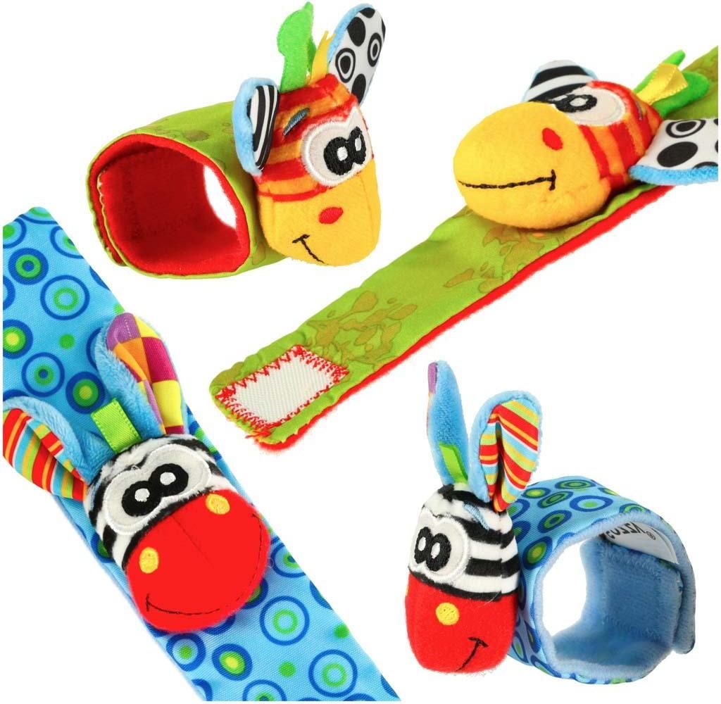 A collage of four images showing different views of baby wrist rattles shaped like cartoon animals.