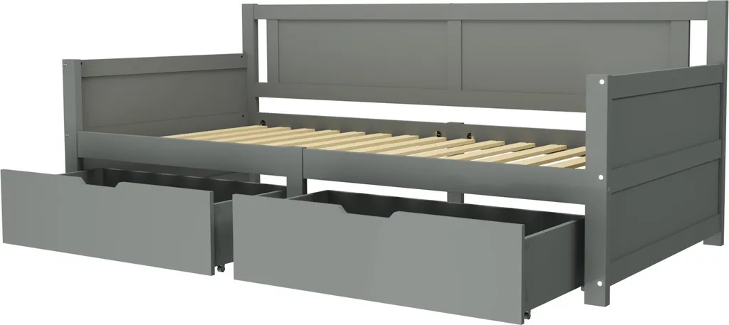 Lit 90x200 Gris avec Tiroirs : Solution Rangement en Bois Massif Robuste - 5