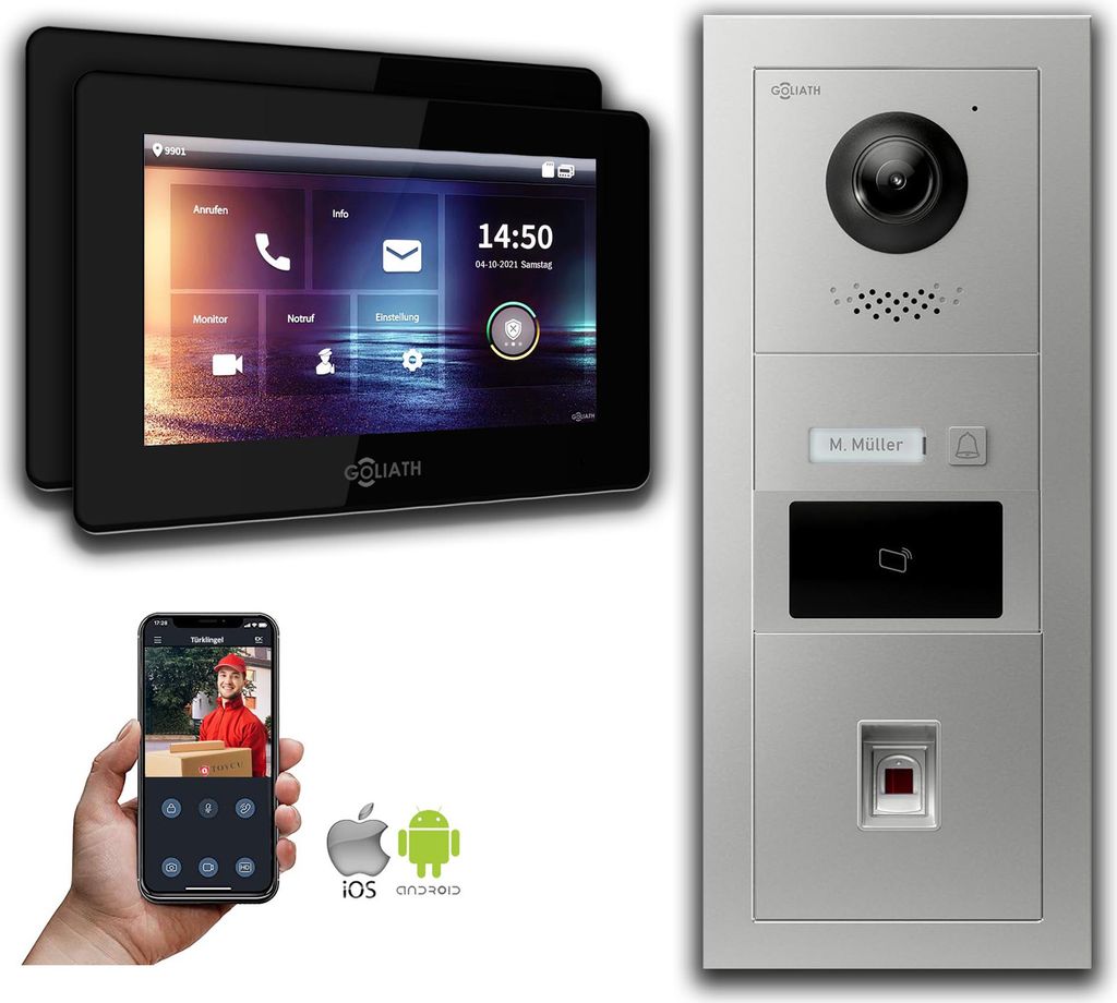 Türsprechanlage mit Kamera Goliath IP 2-Draht 2-Monitor Fingerprint RFID : Aufputzdose : 7 Zoll in Schwarz Türklingel Montagedose: Aufputzdose Mo...