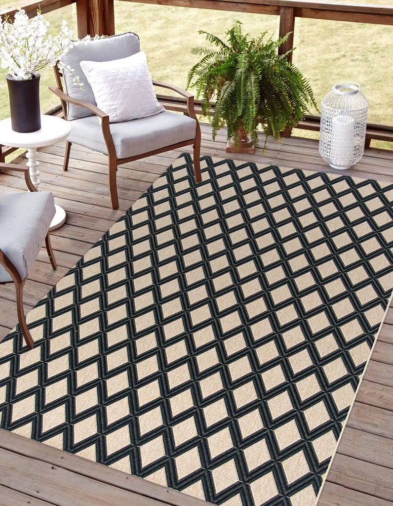 Rikmani Outdoor Teppich 120 x 170 cm für Terrasse, Balkon, modernes Design, ideal für Küche und Esszimmer,schwarz-beige
