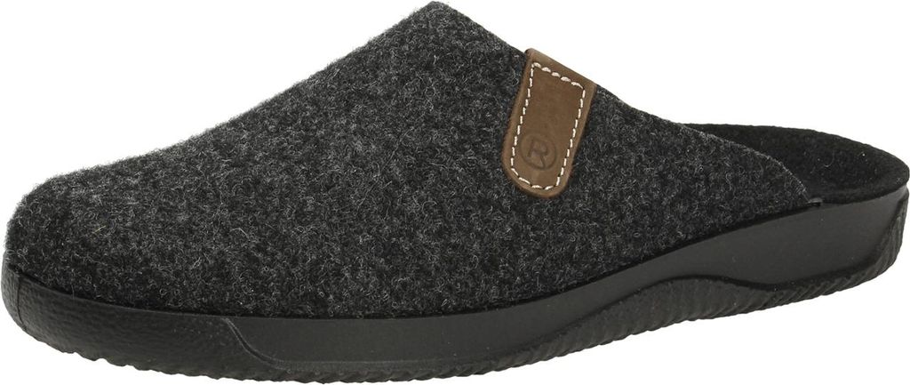 A single gray felt slipper with a brown leather accent is shown against a white background.