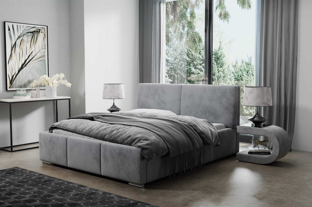 AGMAT Polsterbett FIGO mit Kopfteil, 200 x 200 cm, Doppelbett mit Bettkasten und Lattenrost aus Metall, Velourstoff: Grau